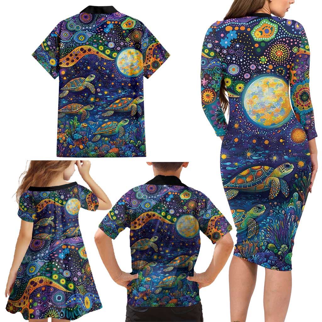 Underwater Turtles Starry Night Sky Family Matching Long Sleeve Bodycon Dress and Hawaiian Shirt Aboriginal Dot Painting Full Moon Coral Landscape