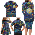 Underwater Turtles Starry Night Sky Family Matching Long Sleeve Bodycon Dress and Hawaiian Shirt Aboriginal Dot Painting Full Moon Coral Landscape