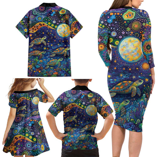 Underwater Turtles Starry Night Sky Family Matching Long Sleeve Bodycon Dress and Hawaiian Shirt Aboriginal Dot Painting Full Moon Coral Landscape