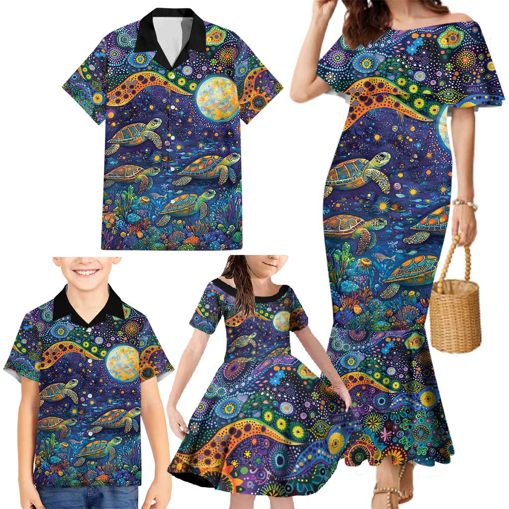 Underwater Turtles Starry Night Sky Family Matching Mermaid Dress and Hawaiian Shirt Aboriginal Dot Painting Full Moon Coral Landscape