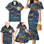 Underwater Turtles Starry Night Sky Family Matching Mermaid Dress and Hawaiian Shirt Aboriginal Dot Painting Full Moon Coral Landscape