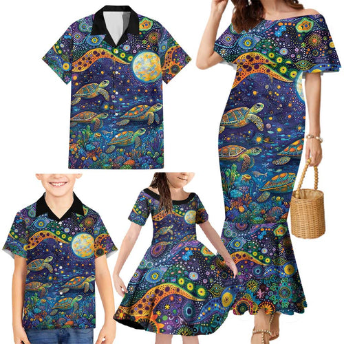 Underwater Turtles Starry Night Sky Family Matching Mermaid Dress and Hawaiian Shirt Aboriginal Dot Painting Full Moon Coral Landscape