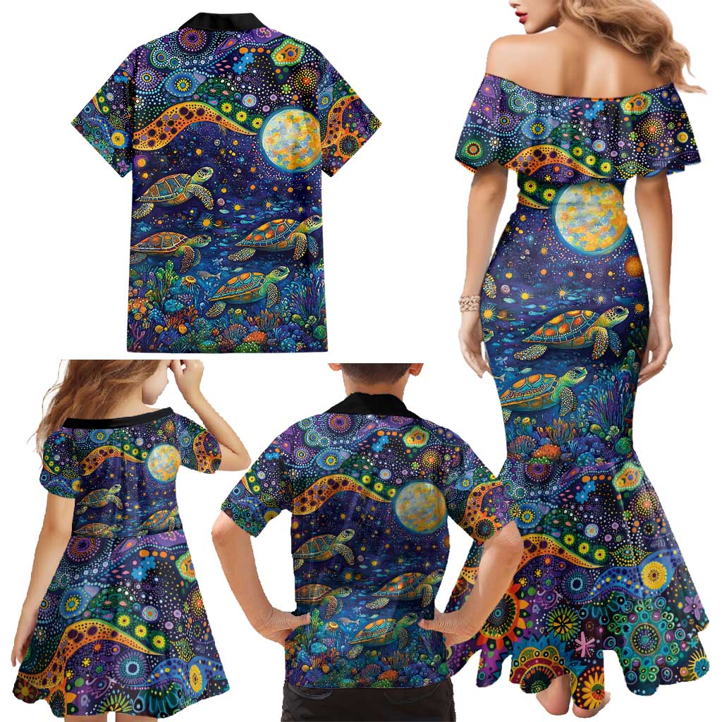 Underwater Turtles Starry Night Sky Family Matching Mermaid Dress and Hawaiian Shirt Aboriginal Dot Painting Full Moon Coral Landscape