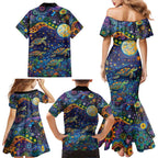 Underwater Turtles Starry Night Sky Family Matching Mermaid Dress and Hawaiian Shirt Aboriginal Dot Painting Full Moon Coral Landscape