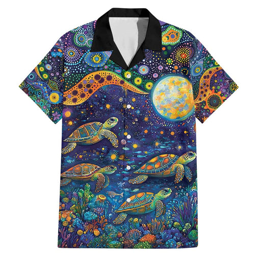 Underwater Turtles Starry Night Sky Family Matching Mermaid Dress and Hawaiian Shirt Aboriginal Dot Painting Full Moon Coral Landscape