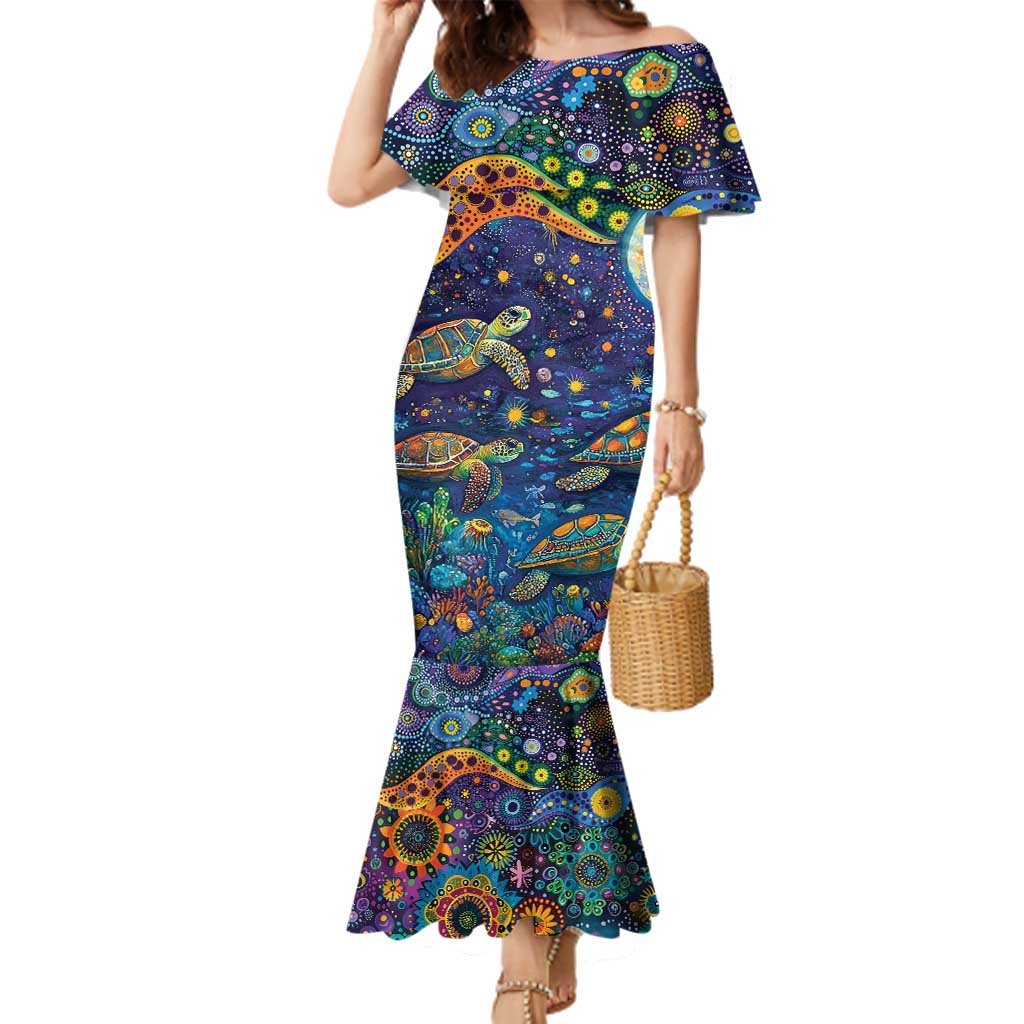 Underwater Turtles Starry Night Sky Family Matching Mermaid Dress and Hawaiian Shirt Aboriginal Dot Painting Full Moon Coral Landscape