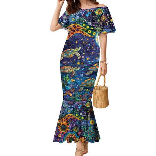 Underwater Turtles Starry Night Sky Family Matching Mermaid Dress and Hawaiian Shirt Aboriginal Dot Painting Full Moon Coral Landscape
