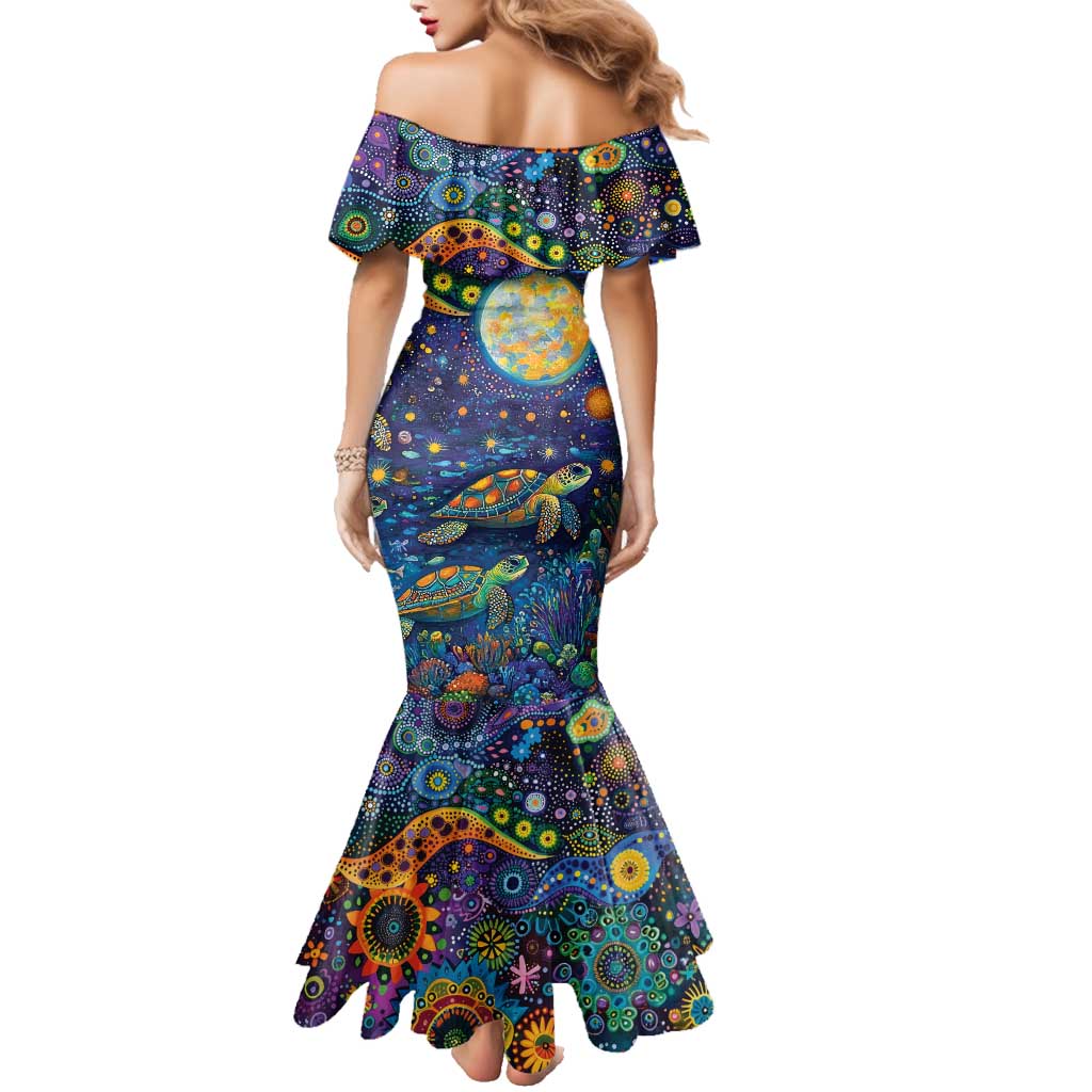 Underwater Turtles Starry Night Sky Family Matching Mermaid Dress and Hawaiian Shirt Aboriginal Dot Painting Full Moon Coral Landscape