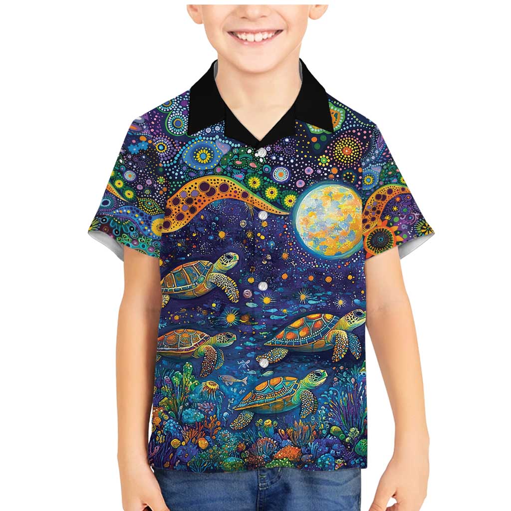 Underwater Turtles Starry Night Sky Family Matching Mermaid Dress and Hawaiian Shirt Aboriginal Dot Painting Full Moon Coral Landscape