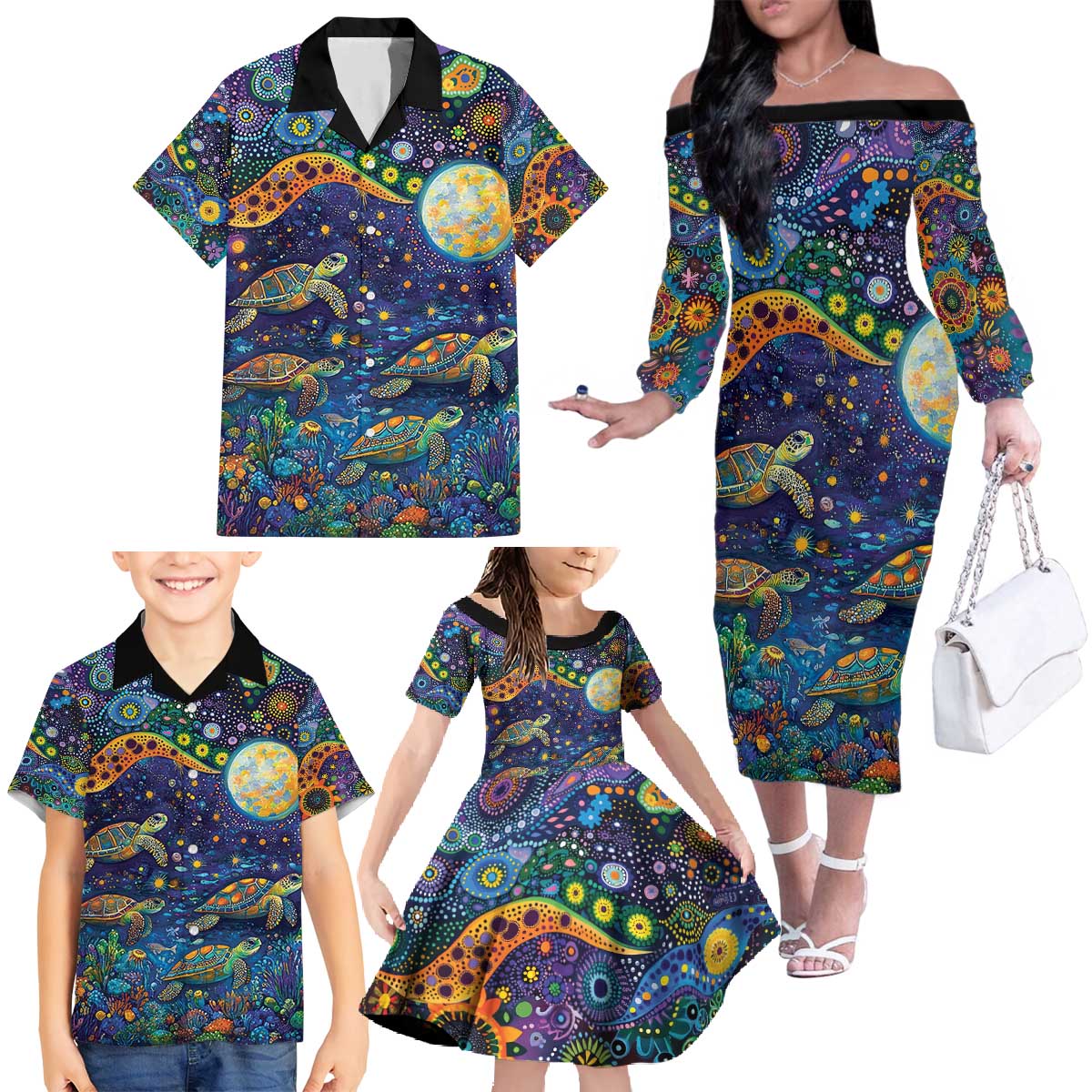 Underwater Turtles Starry Night Sky Family Matching Off The Shoulder Long Sleeve Dress and Hawaiian Shirt Aboriginal Dot Painting Full Moon Coral Landscape