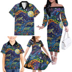 Underwater Turtles Starry Night Sky Family Matching Off The Shoulder Long Sleeve Dress and Hawaiian Shirt Aboriginal Dot Painting Full Moon Coral Landscape