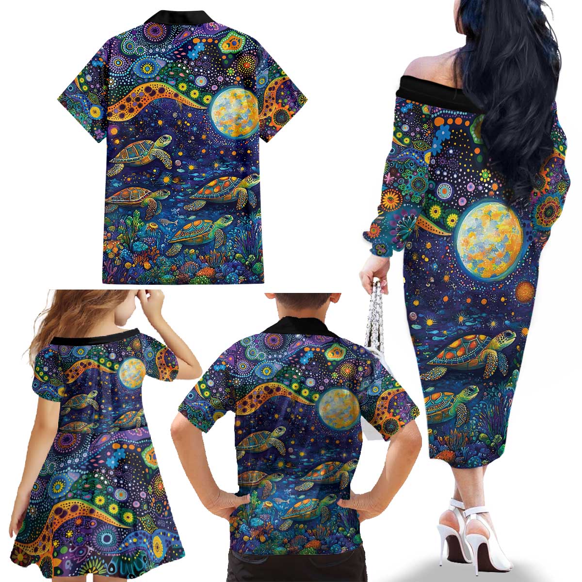 Underwater Turtles Starry Night Sky Family Matching Off The Shoulder Long Sleeve Dress and Hawaiian Shirt Aboriginal Dot Painting Full Moon Coral Landscape