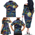 Underwater Turtles Starry Night Sky Family Matching Off The Shoulder Long Sleeve Dress and Hawaiian Shirt Aboriginal Dot Painting Full Moon Coral Landscape