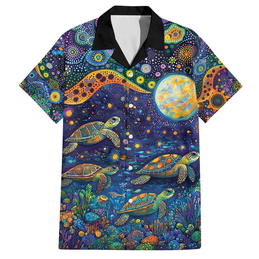 Underwater Turtles Starry Night Sky Family Matching Off The Shoulder Long Sleeve Dress and Hawaiian Shirt Aboriginal Dot Painting Full Moon Coral Landscape