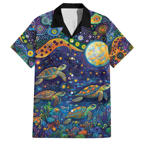 Underwater Turtles Starry Night Sky Family Matching Off The Shoulder Long Sleeve Dress and Hawaiian Shirt Aboriginal Dot Painting Full Moon Coral Landscape