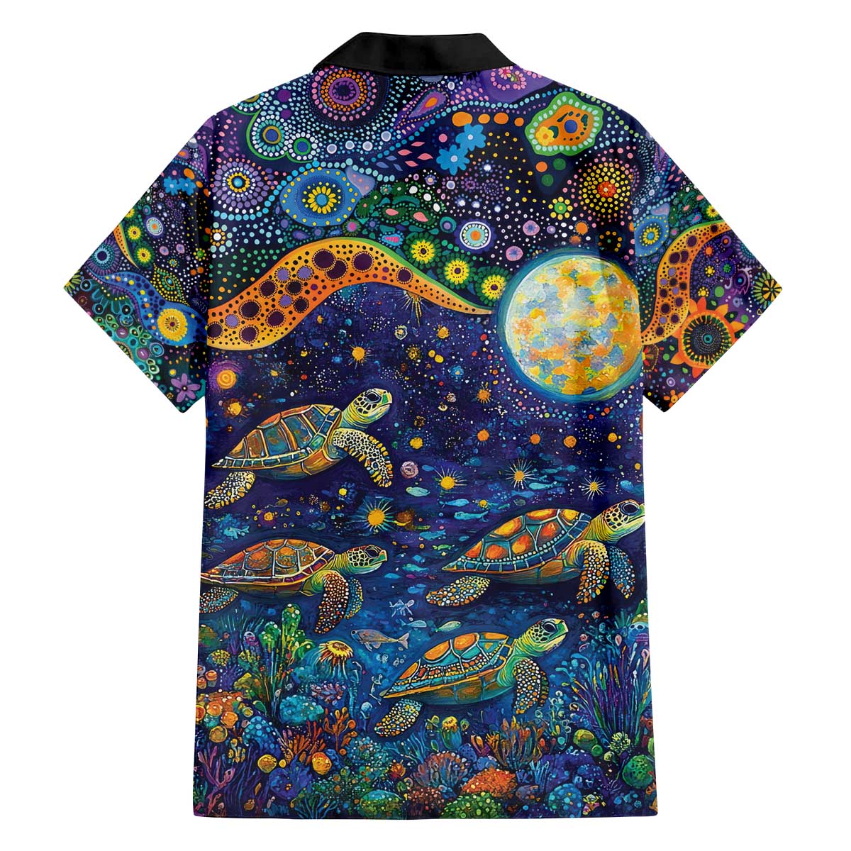 Underwater Turtles Starry Night Sky Family Matching Off The Shoulder Long Sleeve Dress and Hawaiian Shirt Aboriginal Dot Painting Full Moon Coral Landscape