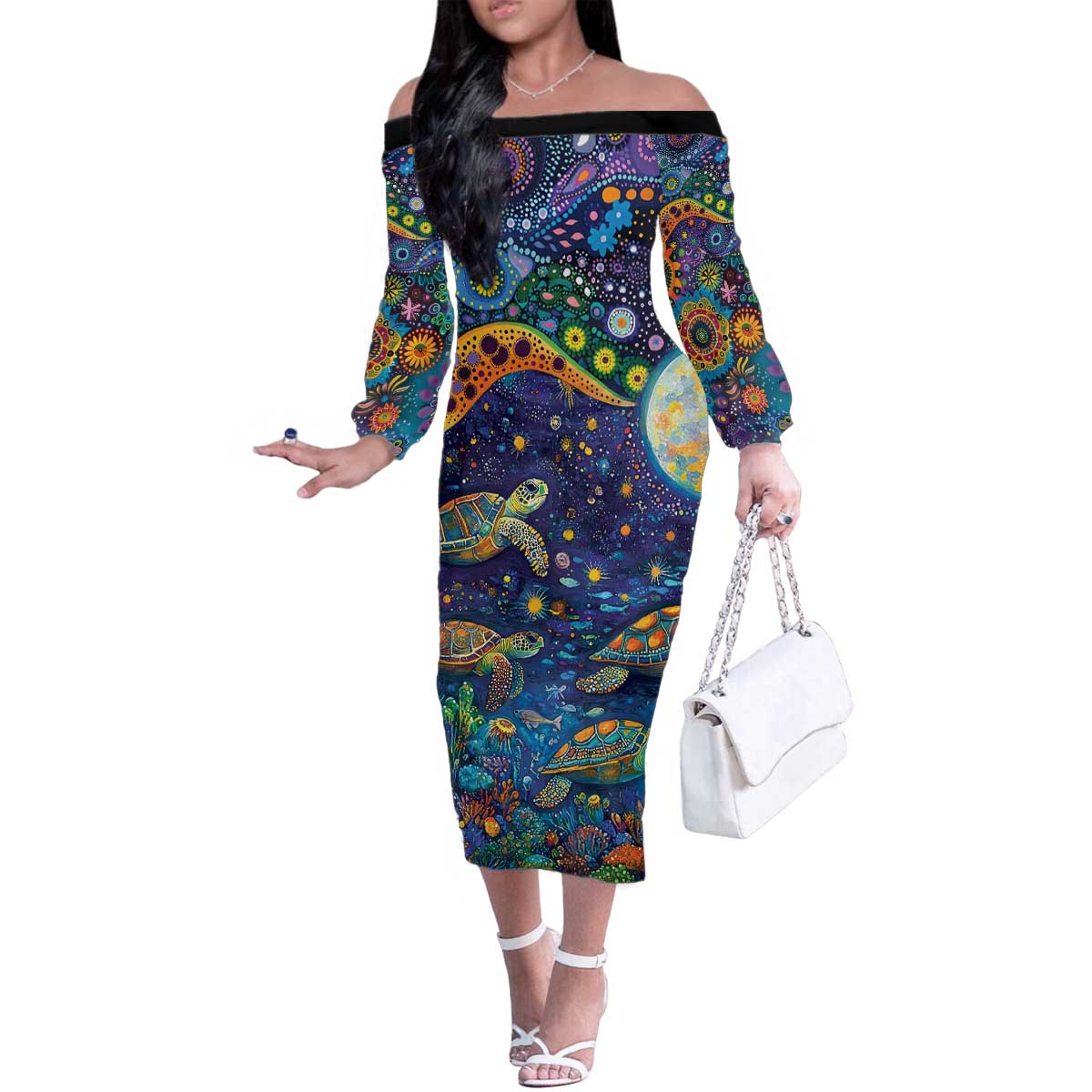 Underwater Turtles Starry Night Sky Family Matching Off The Shoulder Long Sleeve Dress and Hawaiian Shirt Aboriginal Dot Painting Full Moon Coral Landscape