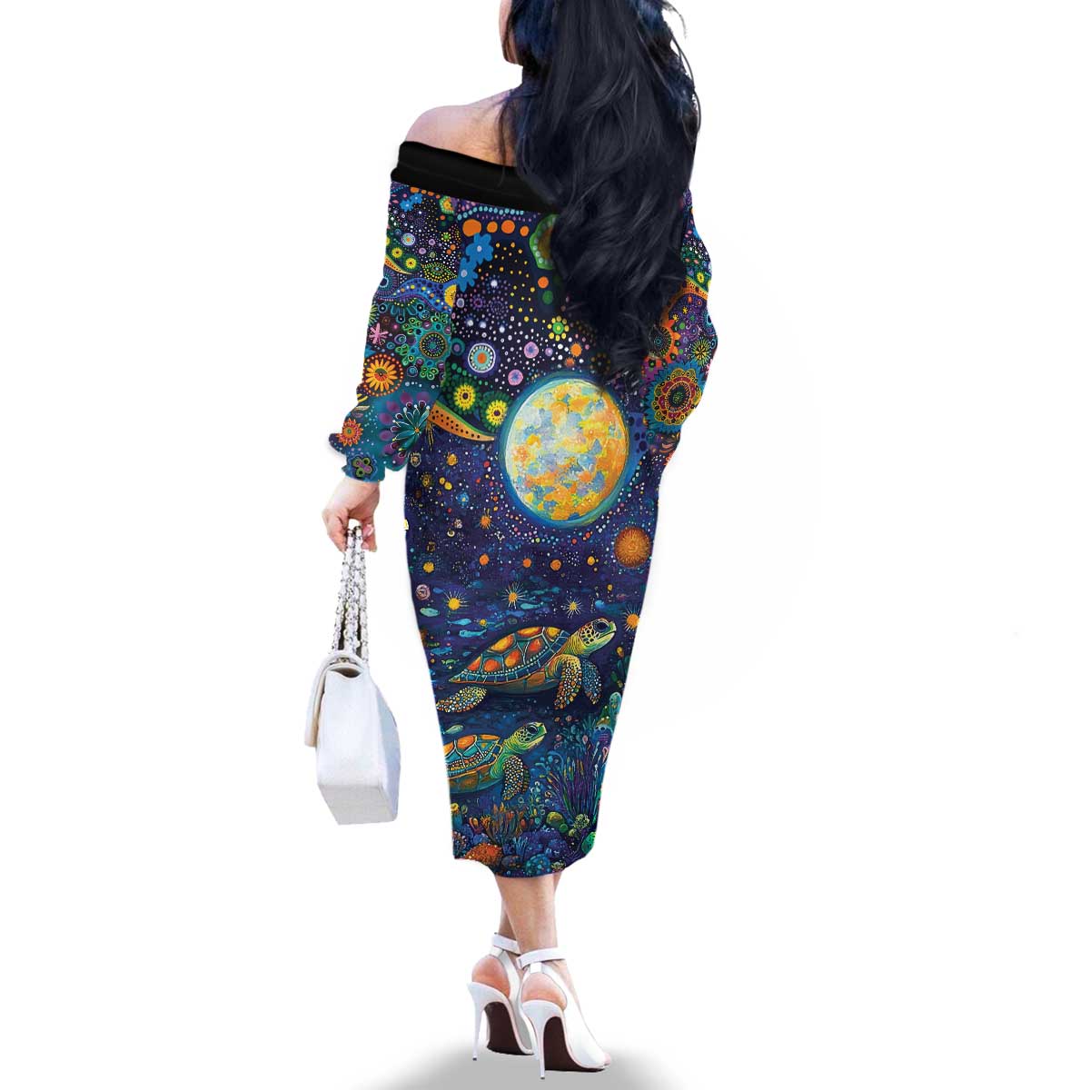 Underwater Turtles Starry Night Sky Family Matching Off The Shoulder Long Sleeve Dress and Hawaiian Shirt Aboriginal Dot Painting Full Moon Coral Landscape