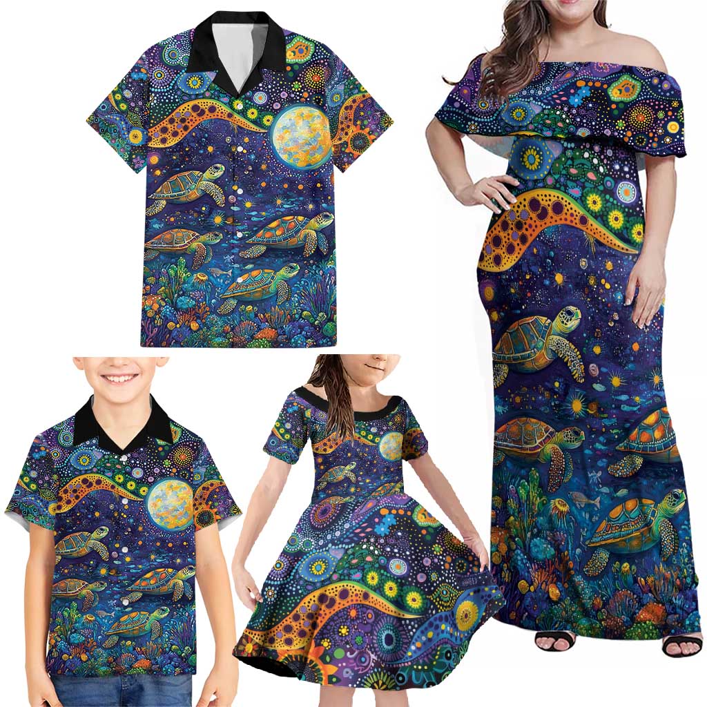 Underwater Turtles Starry Night Sky Family Matching Off Shoulder Maxi Dress and Hawaiian Shirt Aboriginal Dot Painting Full Moon Coral Landscape