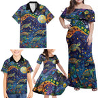 Underwater Turtles Starry Night Sky Family Matching Off Shoulder Maxi Dress and Hawaiian Shirt Aboriginal Dot Painting Full Moon Coral Landscape