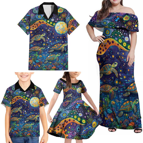 Underwater Turtles Starry Night Sky Family Matching Off Shoulder Maxi Dress and Hawaiian Shirt Aboriginal Dot Painting Full Moon Coral Landscape