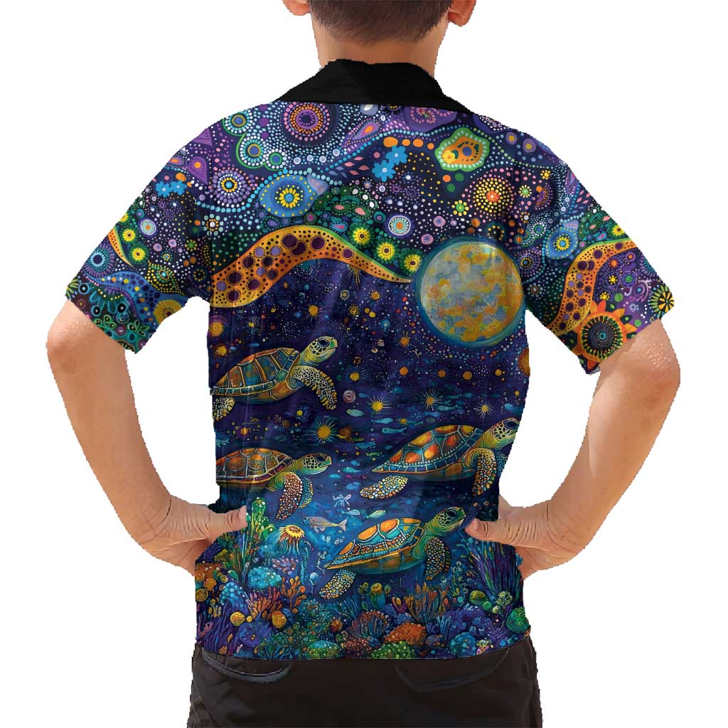 Underwater Turtles Starry Night Sky Family Matching Off Shoulder Maxi Dress and Hawaiian Shirt Aboriginal Dot Painting Full Moon Coral Landscape
