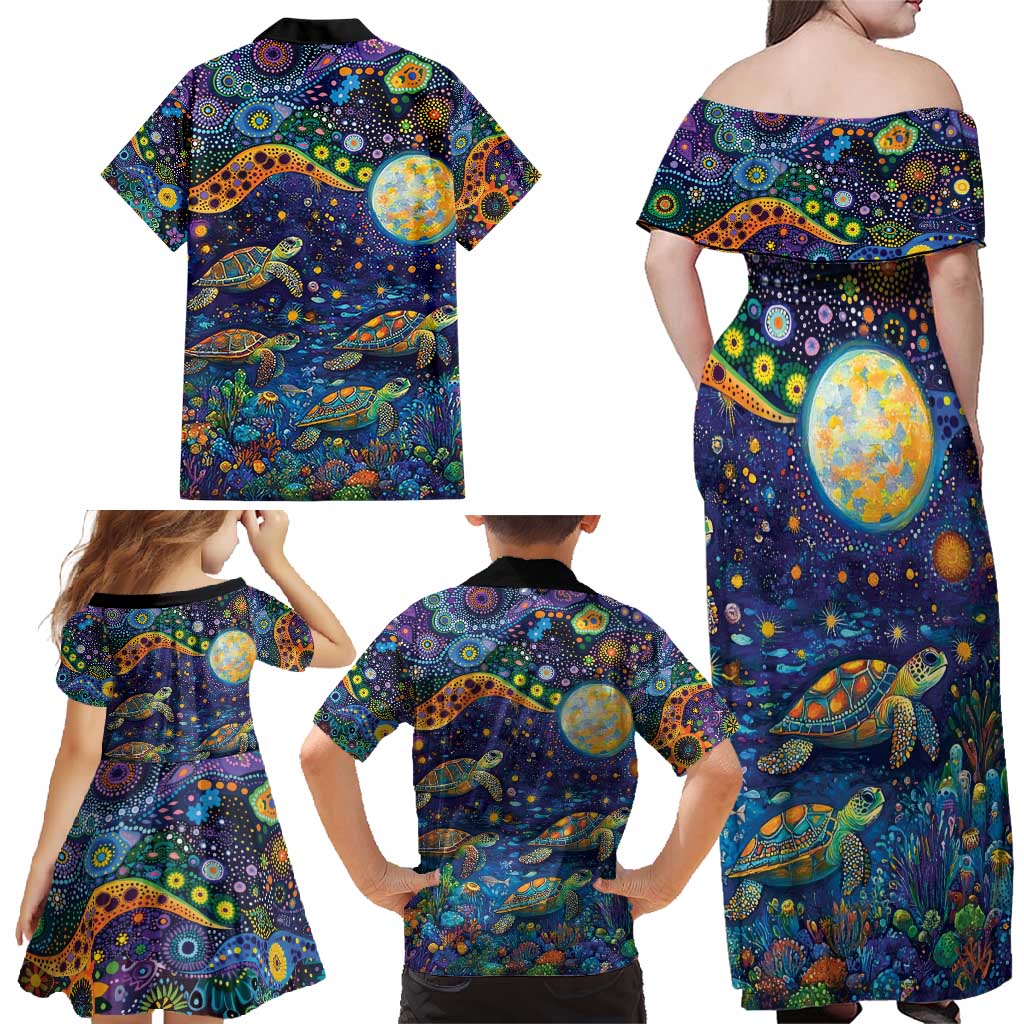 Underwater Turtles Starry Night Sky Family Matching Off Shoulder Maxi Dress and Hawaiian Shirt Aboriginal Dot Painting Full Moon Coral Landscape