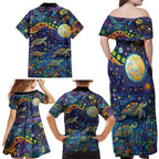 Underwater Turtles Starry Night Sky Family Matching Off Shoulder Maxi Dress and Hawaiian Shirt Aboriginal Dot Painting Full Moon Coral Landscape