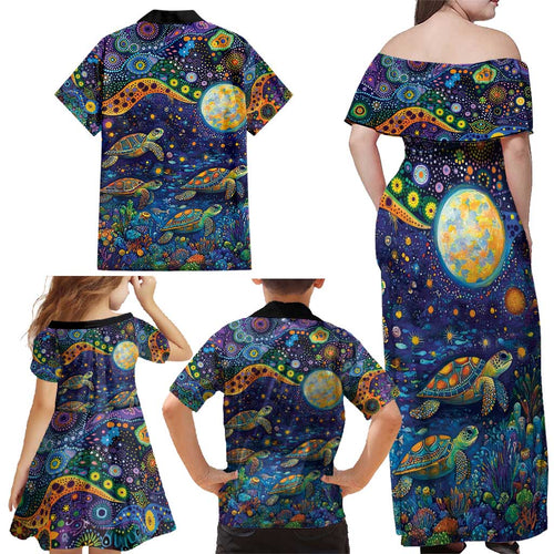 Underwater Turtles Starry Night Sky Family Matching Off Shoulder Maxi Dress and Hawaiian Shirt Aboriginal Dot Painting Full Moon Coral Landscape