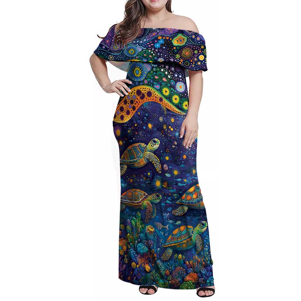 Underwater Turtles Starry Night Sky Family Matching Off Shoulder Maxi Dress and Hawaiian Shirt Aboriginal Dot Painting Full Moon Coral Landscape