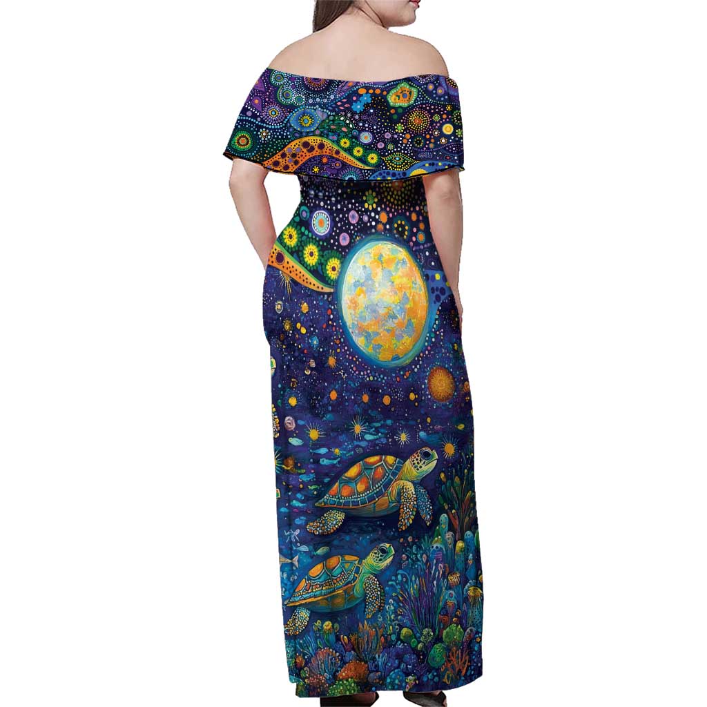 Underwater Turtles Starry Night Sky Family Matching Off Shoulder Maxi Dress and Hawaiian Shirt Aboriginal Dot Painting Full Moon Coral Landscape