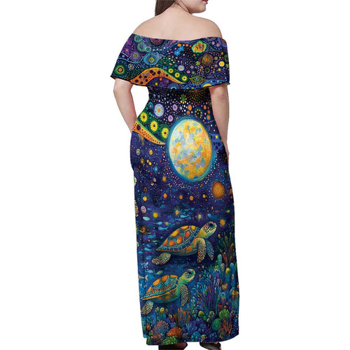Underwater Turtles Starry Night Sky Family Matching Off Shoulder Maxi Dress and Hawaiian Shirt Aboriginal Dot Painting Full Moon Coral Landscape
