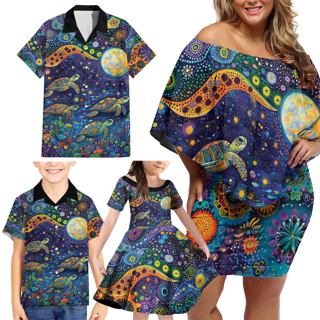 Underwater Turtles Starry Night Sky Family Matching Off Shoulder Short Dress and Hawaiian Shirt Aboriginal Dot Painting Full Moon Coral Landscape