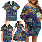 Underwater Turtles Starry Night Sky Family Matching Off Shoulder Short Dress and Hawaiian Shirt Aboriginal Dot Painting Full Moon Coral Landscape