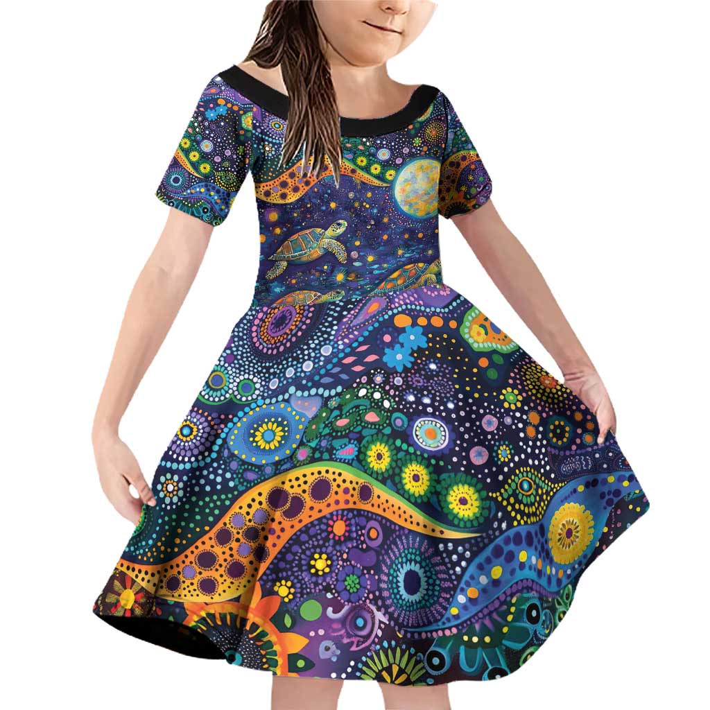 Underwater Turtles Starry Night Sky Family Matching Off Shoulder Short Dress and Hawaiian Shirt Aboriginal Dot Painting Full Moon Coral Landscape