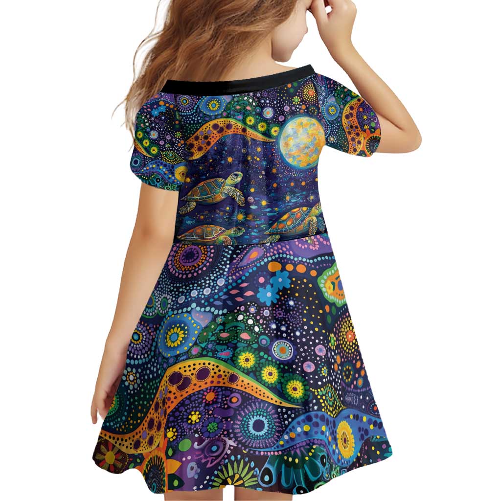 Underwater Turtles Starry Night Sky Family Matching Off Shoulder Short Dress and Hawaiian Shirt Aboriginal Dot Painting Full Moon Coral Landscape