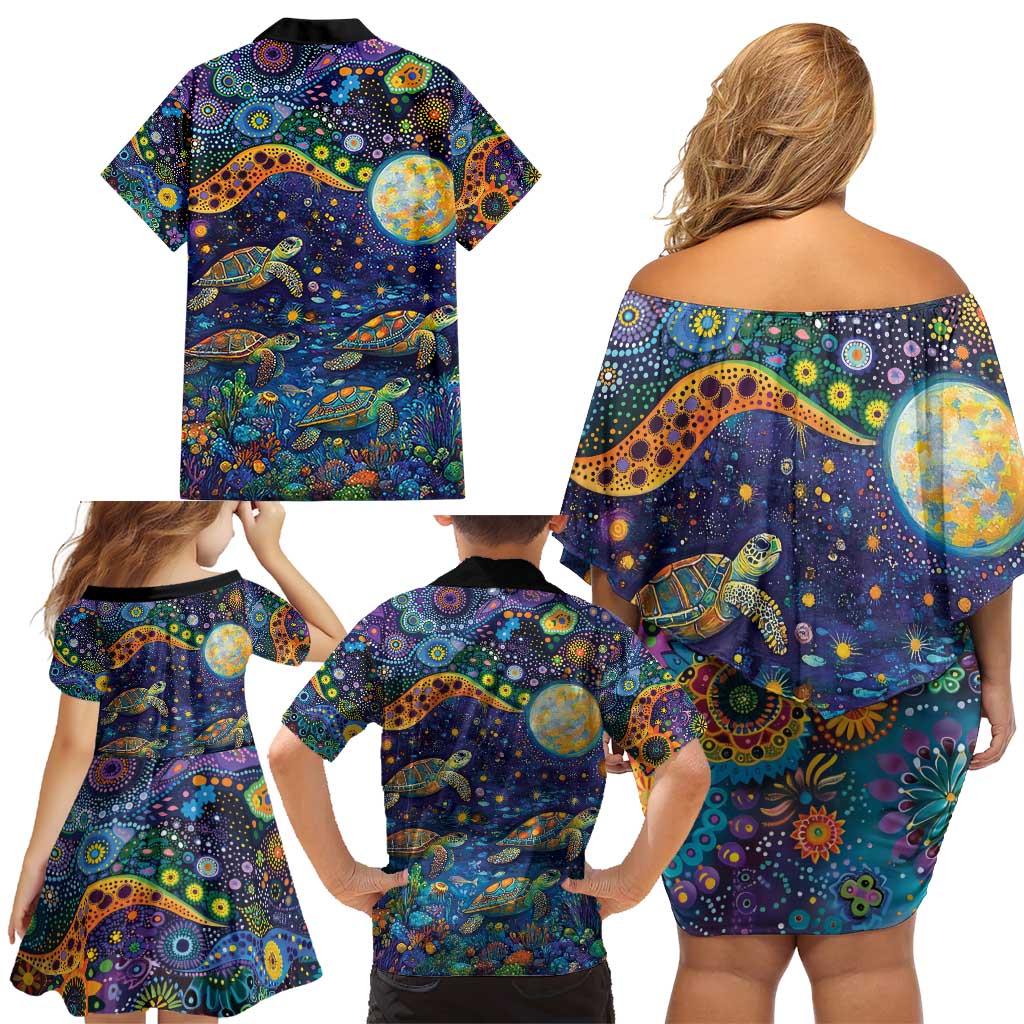 Underwater Turtles Starry Night Sky Family Matching Off Shoulder Short Dress and Hawaiian Shirt Aboriginal Dot Painting Full Moon Coral Landscape