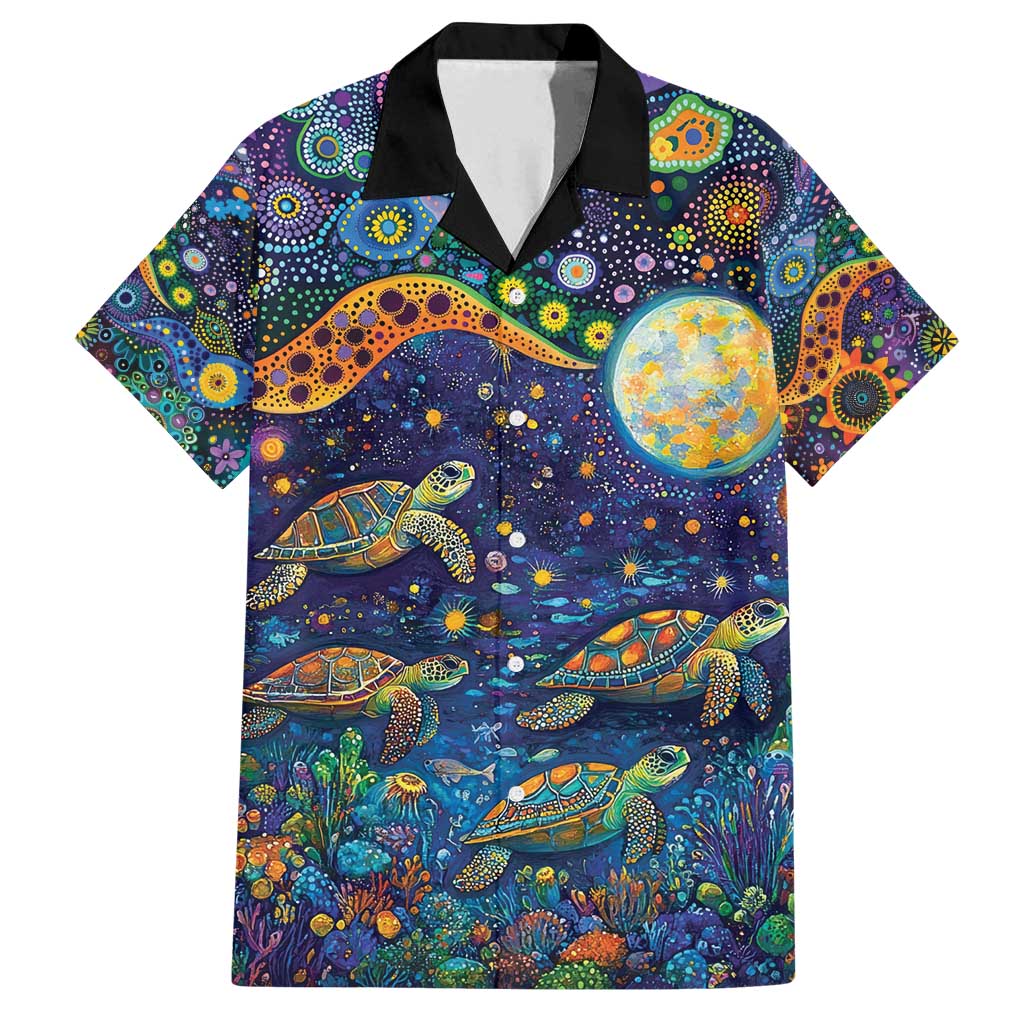 Underwater Turtles Starry Night Sky Family Matching Off Shoulder Short Dress and Hawaiian Shirt Aboriginal Dot Painting Full Moon Coral Landscape