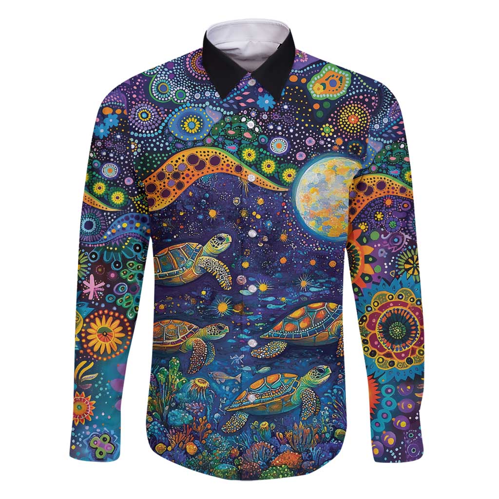 Underwater Turtles Starry Night Sky Family Matching Off Shoulder Short Dress and Hawaiian Shirt Aboriginal Dot Painting Full Moon Coral Landscape