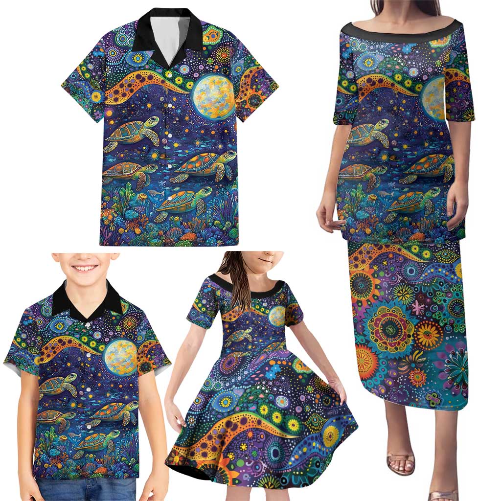 Underwater Turtles Starry Night Sky Family Matching Puletasi and Hawaiian Shirt Aboriginal Dot Painting Full Moon Coral Landscape