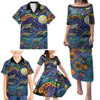 Underwater Turtles Starry Night Sky Family Matching Puletasi and Hawaiian Shirt Aboriginal Dot Painting Full Moon Coral Landscape