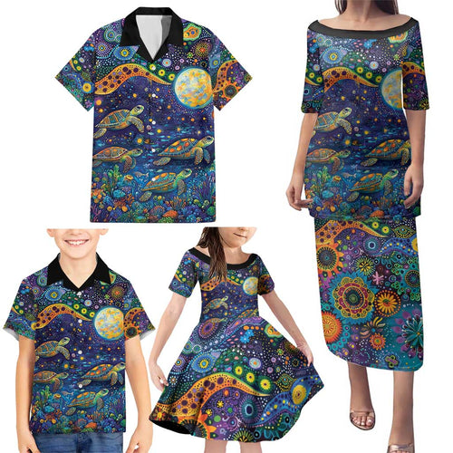 Underwater Turtles Starry Night Sky Family Matching Puletasi and Hawaiian Shirt Aboriginal Dot Painting Full Moon Coral Landscape