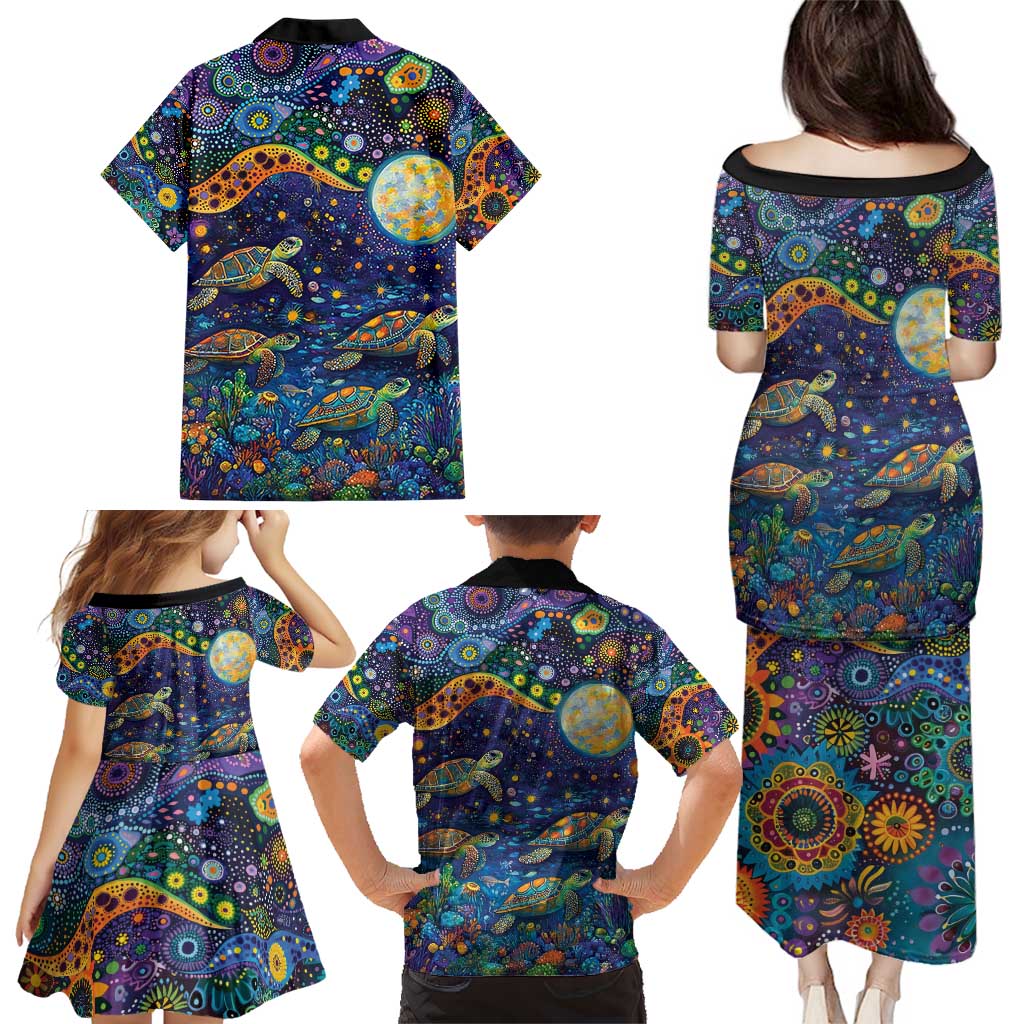 Underwater Turtles Starry Night Sky Family Matching Puletasi and Hawaiian Shirt Aboriginal Dot Painting Full Moon Coral Landscape