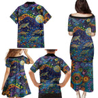 Underwater Turtles Starry Night Sky Family Matching Puletasi and Hawaiian Shirt Aboriginal Dot Painting Full Moon Coral Landscape