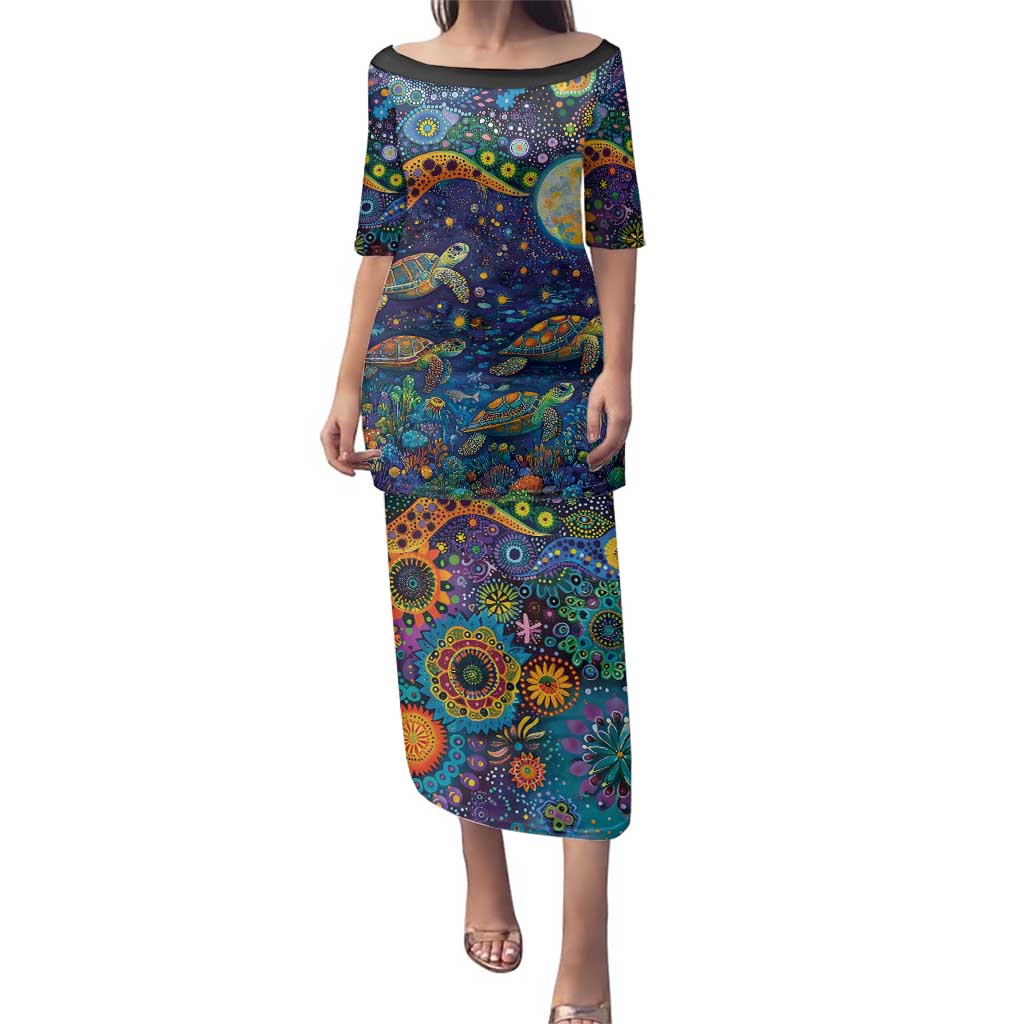 Underwater Turtles Starry Night Sky Family Matching Puletasi and Hawaiian Shirt Aboriginal Dot Painting Full Moon Coral Landscape
