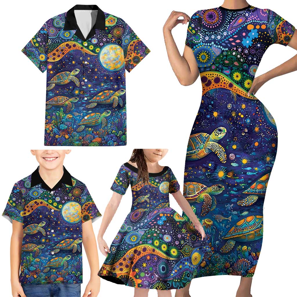 Underwater Turtles Starry Night Sky Family Matching Short Sleeve Bodycon Dress and Hawaiian Shirt Aboriginal Dot Painting Full Moon Coral Landscape