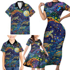 Underwater Turtles Starry Night Sky Family Matching Short Sleeve Bodycon Dress and Hawaiian Shirt Aboriginal Dot Painting Full Moon Coral Landscape