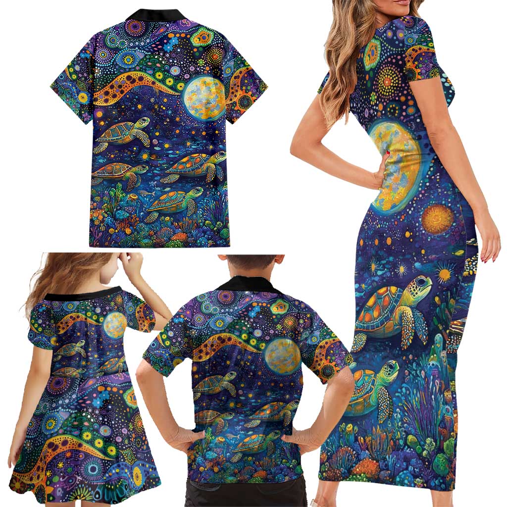 Underwater Turtles Starry Night Sky Family Matching Short Sleeve Bodycon Dress and Hawaiian Shirt Aboriginal Dot Painting Full Moon Coral Landscape