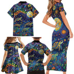Underwater Turtles Starry Night Sky Family Matching Short Sleeve Bodycon Dress and Hawaiian Shirt Aboriginal Dot Painting Full Moon Coral Landscape