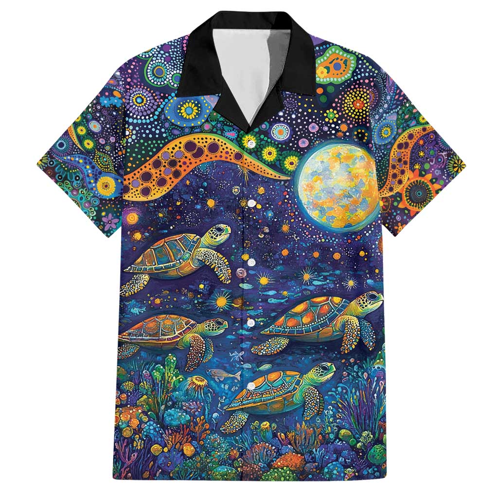 Underwater Turtles Starry Night Sky Family Matching Short Sleeve Bodycon Dress and Hawaiian Shirt Aboriginal Dot Painting Full Moon Coral Landscape